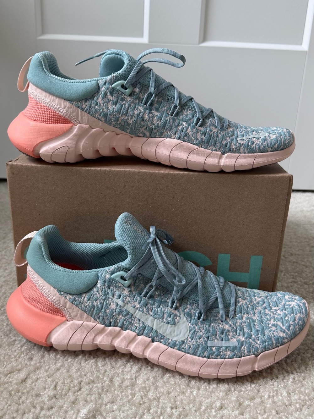 Nike Women's Aqua and Coral Pink Knit Running Shoes